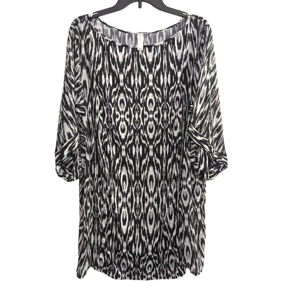 Cacique Swim Lane Bryant black & white tie dye Ikat sheer coverup tunic 2X 18/20